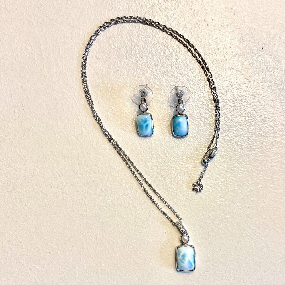 MARAHLAGO LARIMAR & PEARL PENDANT NECKLACE AND EARRING SET